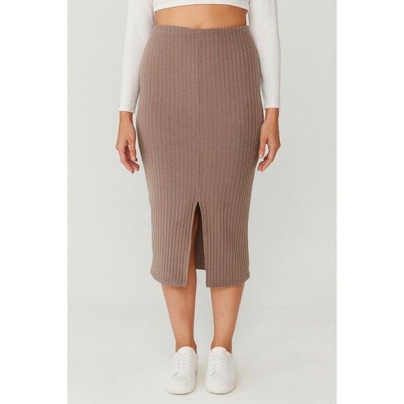 H&M Taupe Brown Ribbed Midi Skirt With Front Slit Stretch Size M - Picture 1 of 4